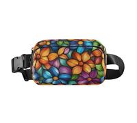 Flower Pattern Stained Glass Style Stylish Waist Pack Crossbody Bag for Women Men Teens Water Resistant Zipper Fanny Pack Sling Bag with Adjustable Strap for Travel Vacation Running