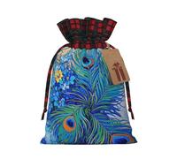 Flower Peacock Feather Oil Painting Feather Blue Christmas Burlap Gift Bags With Drawstring, Christmas Linen Treat Bags W/Tags Goody Gift Bag Xmas Candy Reusable Gifts Wrapping Bag Xmas Holiday Party