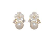 Flower Pearl Stud Earrings for Women - Dainty White Floral Charm Earrings with Simulated Pearl & Zircon Accents Elegant Daily Party Jewelry Gift