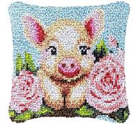 Flower & Pig Latch Hook Kits Pillow DIY Rug Crochet Hook Cushion Making Kits Preprinted Pattern Canvas DIY Handmade Rug Pillow Hooking Kits for Christmas Decoration43x43cm