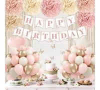 Flower Pink Birthday Decorations with Dusty Light Pink Beige Nude Paper Pom Poms Sand White Metallic Gold Balloons Fringe Curtain for Boho Neutral Birthday Party Decorations for Women