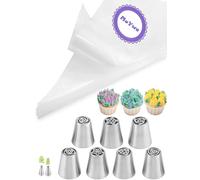 Flower Piping Nozzles with Bags,7 Pcs Russian Piping Tips Set Flower Frosting Nozzles Rose Tulip Tips & 2 Leaf Nozzles & 20 Disposable Piping Bags 12 inch for Frosting Cupcake Cake