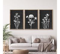 Flower Plant Wall Art Decor 16"x11" Set of 3 Black And White Botanical Painting Wood Framed For Minimalist Bedroom Office Rustic Living Room Abstract Wildflower Sign Hanging (Wood Black)