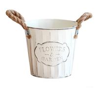 Flower Pot Beige Distressed Iron with Hemp Rope Handle, Vertical Pattern Metal Plant Basket for Indoor Outdoor Decor, Garden Art and Storage(14.5 Cm)