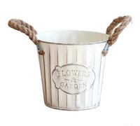 Flower Pot Beige Distressed Iron with Hemp Rope Handle, Vertical Pattern Metal Plant Basket for Indoor Outdoor Decor, Garden Art and Storage(16cm)