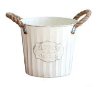 Flower Pot Beige Distressed Iron with Hemp Rope Handle, Vertical Pattern Metal Plant Basket for Indoor Outdoor Decor, Garden Art and Storage(18cm)