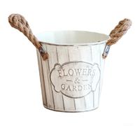 Flower Pot Beige Distressed Iron with Hemp Rope Handle, Vertical Pattern Metal Plant Basket for Indoor Outdoor Decor, Garden Art and Storage(13cm)