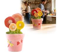 Flower Pot Ceramic Measuring Spoon Set, 4 Different Sizes Flower Measure Scoops with Base, Decorative Teaspoon in Pot Holder, Measuring Spoons with Capacity for Milk Powder Sugar Salt (Pink)