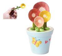 Flower Pot Ceramic Measuring Spoon Set, 4 Different Sizes Flower Measure Scoops with Base, Decorative Teaspoon in Pot Holder, Measuring Spoons with Capacity for Milk Powder Sugar Salt (Blue)