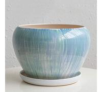 Flower Pot Ceramics Extra Large Green Round Planter Chinese Style Desktop Breathable Orchid Pot Glazed with Saucer Round Terracotta with Drip Tray,Style 1-L,Style 2 S