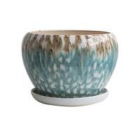 Flower Pot Ceramics Extra Large Green Round Planter Chinese Style Desktop Breathable Orchid Pot Glazed with Saucer Round Terracotta with Drip Tray,Style 1-L,Style 1 L