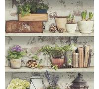 Flower Pots Wallpaper Garden Rustic Shelves Green Grey White 10m Roll | With realistic detail, ideal for a contemporary feature wall in a bedroom, dining room or living room, 42cm offset match