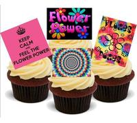 Flower Power 60S Hippy Mix - 12 Edible Stand Up Premium Wafer Cake Toppers