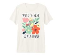 Flower Power Bird with Floral Crown Retro 70s Spring Garden Premium T-Shirt