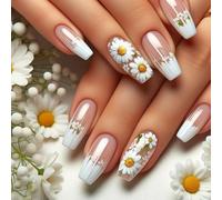 Flower Press On Nails False Nails French Tip Nails Stick Ons Floral Acrylic Nails Full Covers Artificial Nails 24Pcs