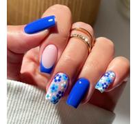 Flower Press on Nails Medium Square Fake Nails Blue False Nails Glossy Full Cover Acrylic Nails Summer Glue on Nails French Artificial Stick on Nails for Women Manicure 24 Pcs