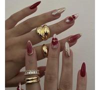 Flower Print Press on Nails Medium Almond,Pink Gilded False Nails with 3D Irregular Lines Design,24PCS Lovely Floral Glossy Fake Nails,Reusable Artificial Acrylic Nails for Women