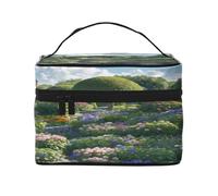 Flower -Print Waterproof Large Cosmetic Bag for Travel & Gym, Makeup Organizer with 4 Elastic Straps & Compartments,Premium Twill Fabric.