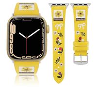 Flower Printed Leather Band Compatible with Apple Watch Bands 42 44 45 46 49mm Women,Bowknot Engraved Wristband Cute Strap for iWatch Series 10 9 8 7 6 5 4 3-1 Ultra 2 SE (Yellow, 49mm)