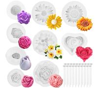 Flower Resin Moulds 6/9 pcs Silicone Candle Moulds 3D Heart Rose Tulip Daisy Peony Molds Epoxy Resin Mold for Candle Making Handmade Soap Aromatherapy Fondant Cake Topper DIY Craft Home Decor(9 pcs)