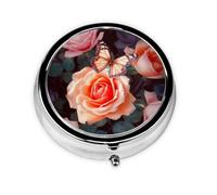 Flower Rose Butterfly Printed Round Pill Organizer with 3 Compartments, Portable Mini Pill Box Pill Case for Medicine, Vitamin, Fish Oil, Supplements