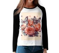Flower Rose Butterfly Printed Women's Long Sleeve T-Shirt - Soft Cotton Round Neck Top Tee Shirt