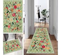 Flower Rug Runner Hallway Green Colourful Long Kitchen Runner Bedroom Modern Rug Runner Non-Slip Washable 50 x 80 cm Durable Runner Rug Hallway Runner Corridor Polyester Sold by the Metre