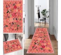 Flower Rug Runner Hallway Red Colourful Long Kitchen Runner Bedroom Modern Rug Runner Non-Slip Washable 110 x 200 cm Durable Runner Rug Hallway Runner Corridor Polyester Sold by the Metre
