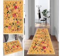 Flower Rug Runner Hallway Yellow Colourful Long Kitchen Runner Bedroom Modern Rug Runner Non-Slip Washable 90 x 160 cm Durable Runner Rug Hallway Runner Corridor Polyester Sold by the Metre