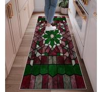 Flower Runner Rug, Christmas Traditional Stained Glass Geometric Christmas Red Non-Slip Home Indoor Pattern Carpets Non Shedding for Kitchen Bedside Entryway Hallway Decor 2x6 Ft