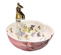 Flower Shape Ceramic Sink with Colorful Butterfly Pattern, Above Counter Wash Basin with Faucet, Pink and White Artistic Wash Basin