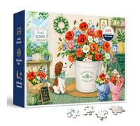 Flower Shop 500 Piece Jigsaw Puzzle for Adults & Teens, Cheerful Watercolor Garden Bouquet Scene with Red Poppies, Daisies, Window Plants, Puppy, Kitten, and Cottage Florist Details with Greenery