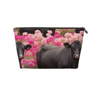 Flower Show Steer Cows Cattle Printed Toiletry Bag for Women Girl Portable Travel Cosmetic Bag Leather Makeup Pouch Organizer with Gold Zipper