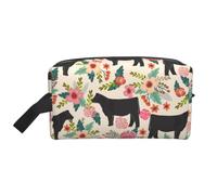 Flower Show Steer Cows Cattle Prints Large Makeup Bag Makeup Pouch with Handle, Portable Simple Travel Makeup Organizer Case for Women