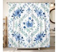 Flower Shower Curtain, Floral Elegant Leaf Swirl Spring Blue Washable with Hooks Design Print Bath Curtains Decor for Bathroom Guest Room 62x72 Inch