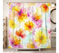 Flower Shower Curtain, Floral Watercolor Swirl Petal Spring Yellow Washable with Hooks Design Print Bath Curtains Decor for Bathroom Guest Room 72x72 Inch