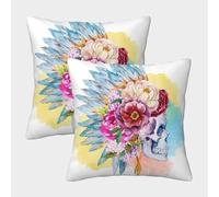 Flower Skull Art-watercolor Design Style Pillow Covers 2 Pack Cozy Pillowcases Art Cushion Cover Zippered Decorative for Couch Livingroom 45x45cm
