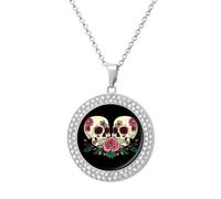 Flower Skull Day of Dead Rose Multicolored Diamond Necklace Dainty Round Pendants Jewelry for Women Silver-style