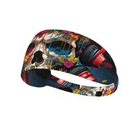 Flower Skulls Listening to Music Sports Head Tie for Men and Women-Headband Karate Tie Back Sweat Wicking Workout Head Band,Perfect for Running