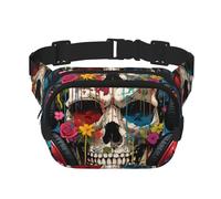Flower Skulls Listening to Music Square double - layer fanny pack with adjustable shoulder strap - travelling fanny pack - perfect for outdoor sports, Black, One Size