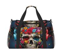 Flower Skulls Listening To Music Travel Duffle Bag, Weekender Bags For Men And Women, Suitable For Travel And Outdoor Activities