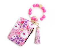 Flower Slim Wallet with Zipper and Keychain, RFID Blocking Credit Card Holder, PU Leather Travel Card Case with ID Window 1* F