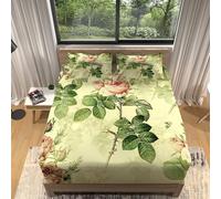 Flower Small Double Fitted Sheet 3D Green Leaves Fitted Sheets Deep Pocket (30 cm) Soft Microfiber Fitted Bed Sheets Shrinkage Fade Resistant Bedding with 2 Pillowcases A.1039