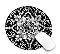 Flower Small Mouse Pad, Bohemian Artistic Mandala Leaf Black Round Rubber Washable Portable Cloth Mousepad Desk Accessories for Gaming Computer Laptop Round 8x8 Inch