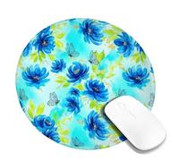 Flower Small Mouse Pad, Floral Vibrant Butterfly Leaf Spring Blue Round Rubber Washable Aesthetic Mousepads for Desk Decor for Home Office Work Gaming Desk Round 8x8 Inch