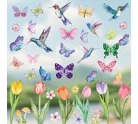 Flower Spring Summer Window Stickers Tulips Hummingbird Butterfly Flower Window Clings Double-Sided Stained Glass Clings for Glass Double-Side Window Clings Spring Decorations Flowers Butterfly