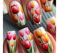 Flower Square False Acrylic Glossy Full Covers Stick on for Artistic and Fashion Women Party Ready Nails