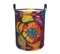 Flower Stained Glass Round Single-Layer Laundry Basket With Handles, Water-Resistant Oxford Fabric Hamper For Bedroom, Bathroom, Kitchen Storage