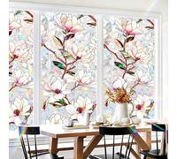 Flower Stained Glass Window Film Privacy Decorative - Colorful Leaf Frosted Static Cling Vinyl, No Glue, UV Blocking, Heat Control,Tint for Home Office Bathroom, 17.7 x 39.4 Inches