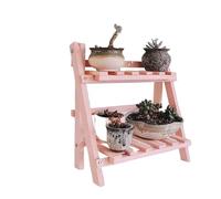 flower stand Collapsible Wooden Double Layer Shelf No Assembly Required Flower Pot Spice Storage Racks Kitchen Home Organizer Supplie(Pink)